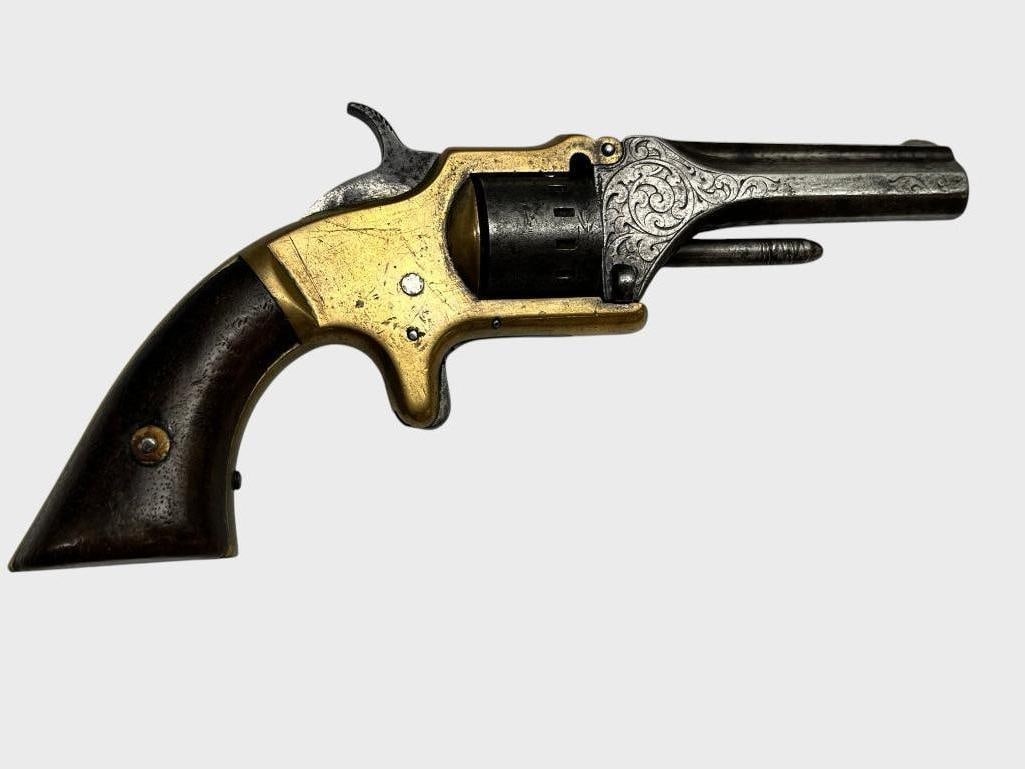 Antique Named Manhattan Firearms pistol: Antique Named Manhattan Firearms pistol. Model 1, 3rd variation. Horace J. Ames K Co. WI 29th infantry. Name and regiment engraved on back strap. Serial # 5953. Includes research. Barrel length