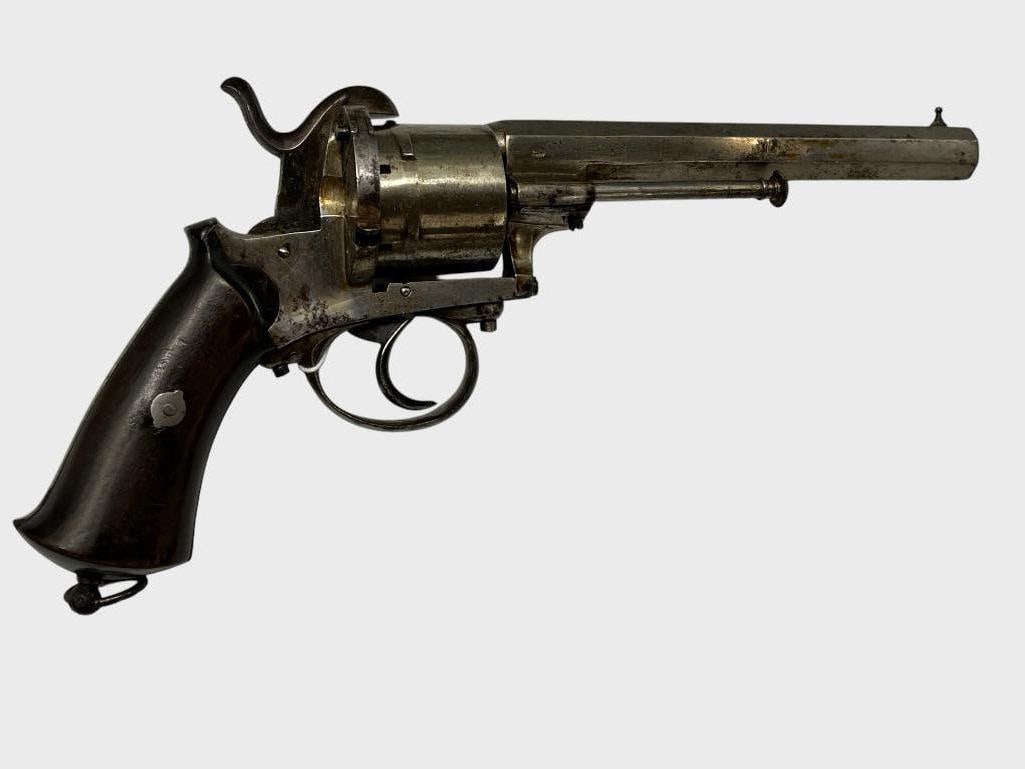 Antique Hyde & Goodrich pinfire revolver: Antique Hyde & Goodrich Agents United States South pinfire revolver. Cylinder stamped ELC in oval. Barrel approx. 6 inches.