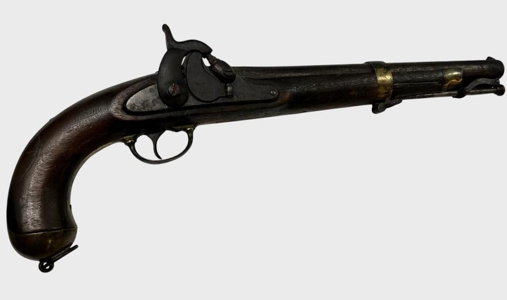 Unknown Percussion Pistol: Unknown Percussion Pistol. Marked with an Eagle and 1855. There appears to be a name on lock plate, illegible. Overall length approx. 18 inches..