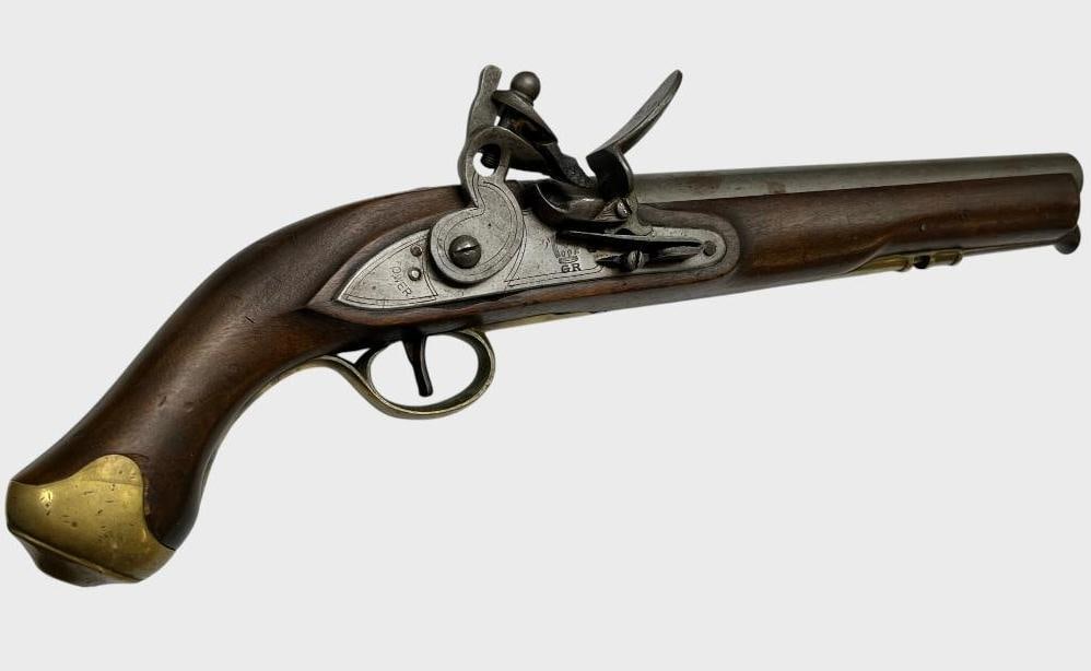 Antique Tower Flintlock pistol: Antique Tower Flintlock pistol. Marked GR below crown. Overall length approx. 15.5 inches.