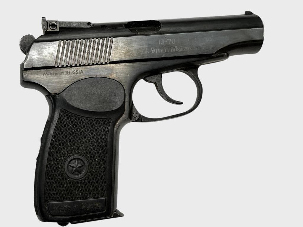 Baikal IJ-70 9mm Makarov: Baikal IJ-70 Semi Auto pistol. 9mm Makarov. Serial # A040848. Made in Russia. Includes 3 magazines and holster. Overall length approx. 6.25 inches.