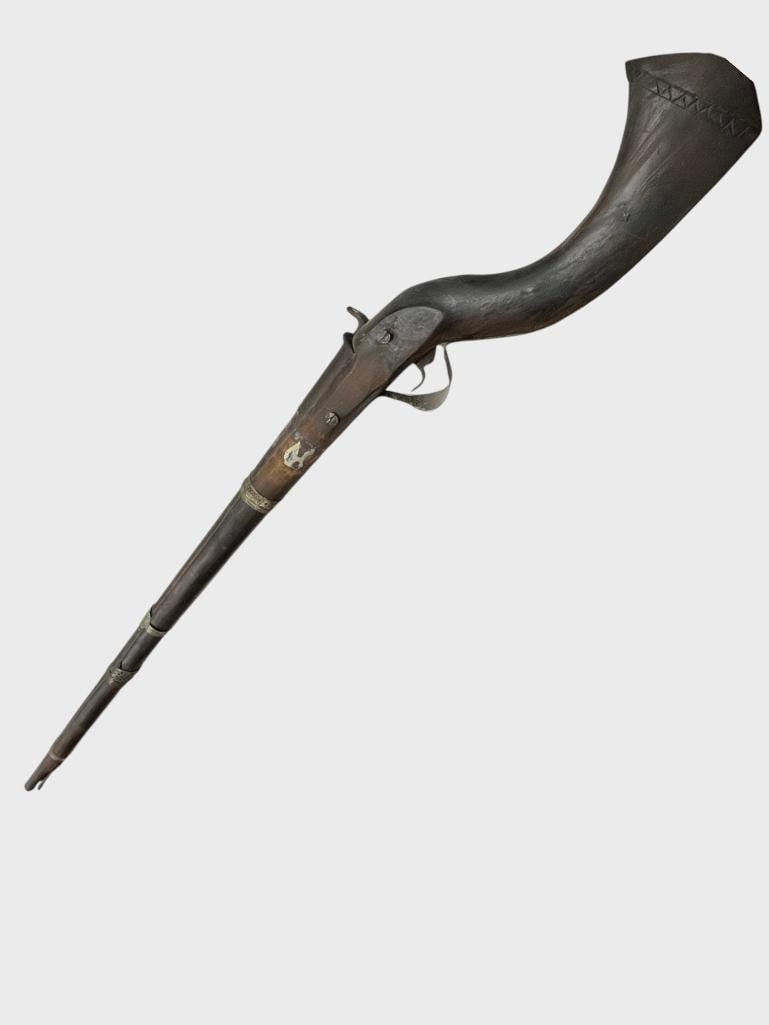 Antique Flintlock Camel gun: Antique Flintlock Camel gun. Overall length approx. 63 inches.