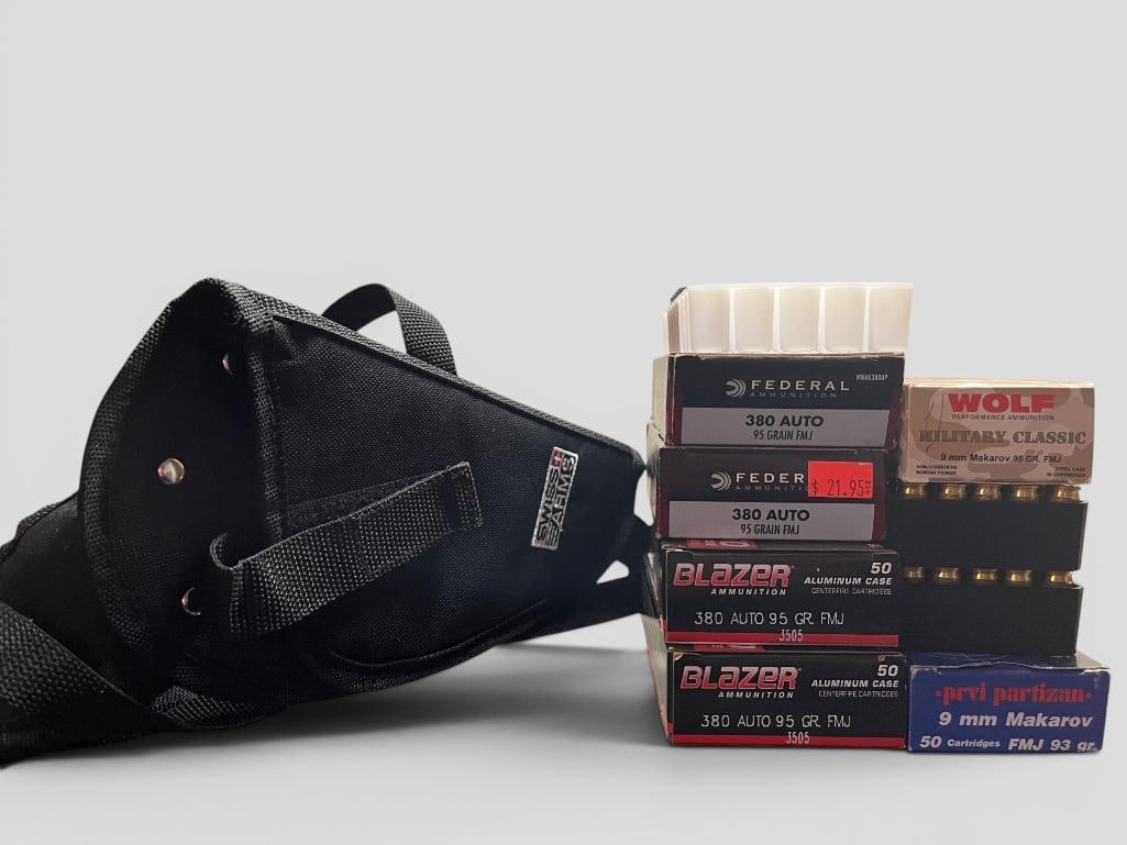 9mm and .380 Auto Ammunition: Approx. 212 .380 Auto and 190 9mm ammunition. Also includes Swiss Arms shoulder holster.