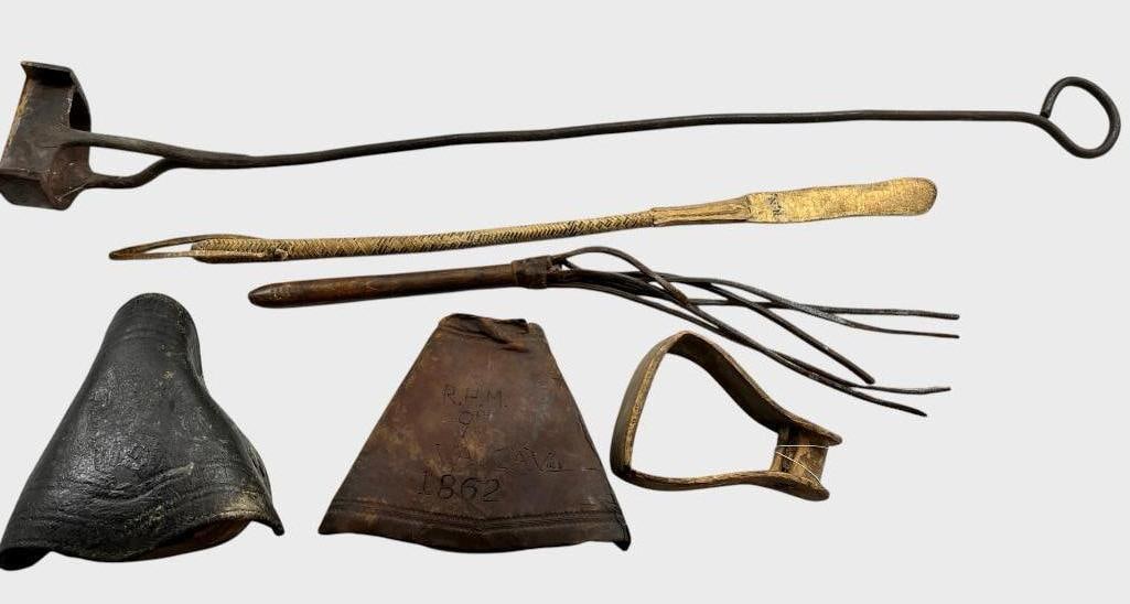 Horse Stirrups, Crop, Branding Iron etc.: Horse Stirrups, Crop, Branding Iron etc. 6 pieces. Includes research. Iron approx. 40 x 4 x 4 inches.