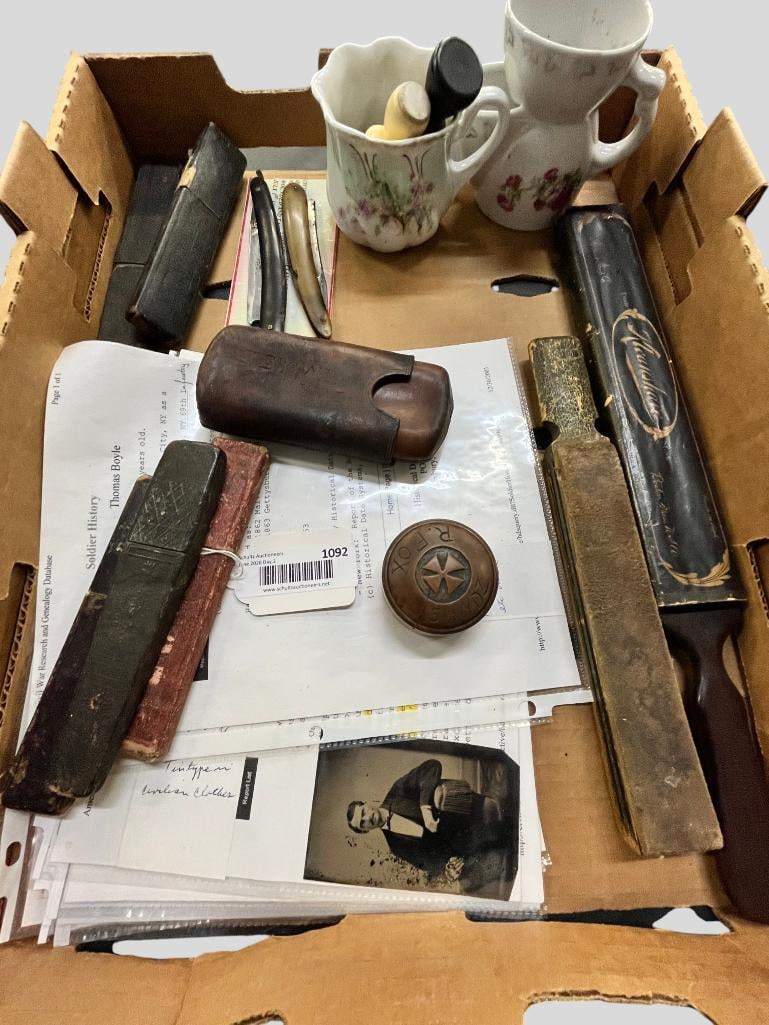 Named Razors and more: Approx. 14 pieces. Including Peter A. Porter NY 8th Heavy Artillery, razor engraved with name and regiment. Norvell Cobb G Co. VA 44th Infantry, straight razor and tintype. Thomas Boyle B Co. NY 69th