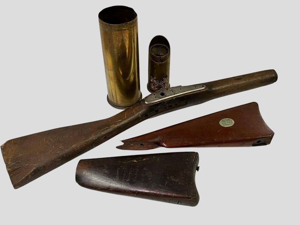 Trench Art and Rifle stocks: Trench Art and Rifle stocks. 5 pieces. Stocks marked Great Grandfathers Broken Rifle William Morey 108th NY Vols, Found at Fence-Pickets Charge-Gettysburg and Killdevil.