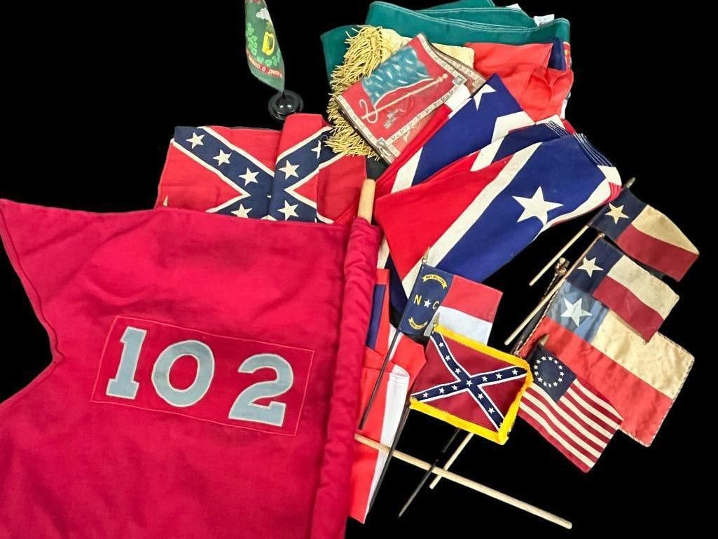 Collection of Flags: Collection of Flags. Approx. 17 pieces. Including Confederate, Irish Brigade and more.