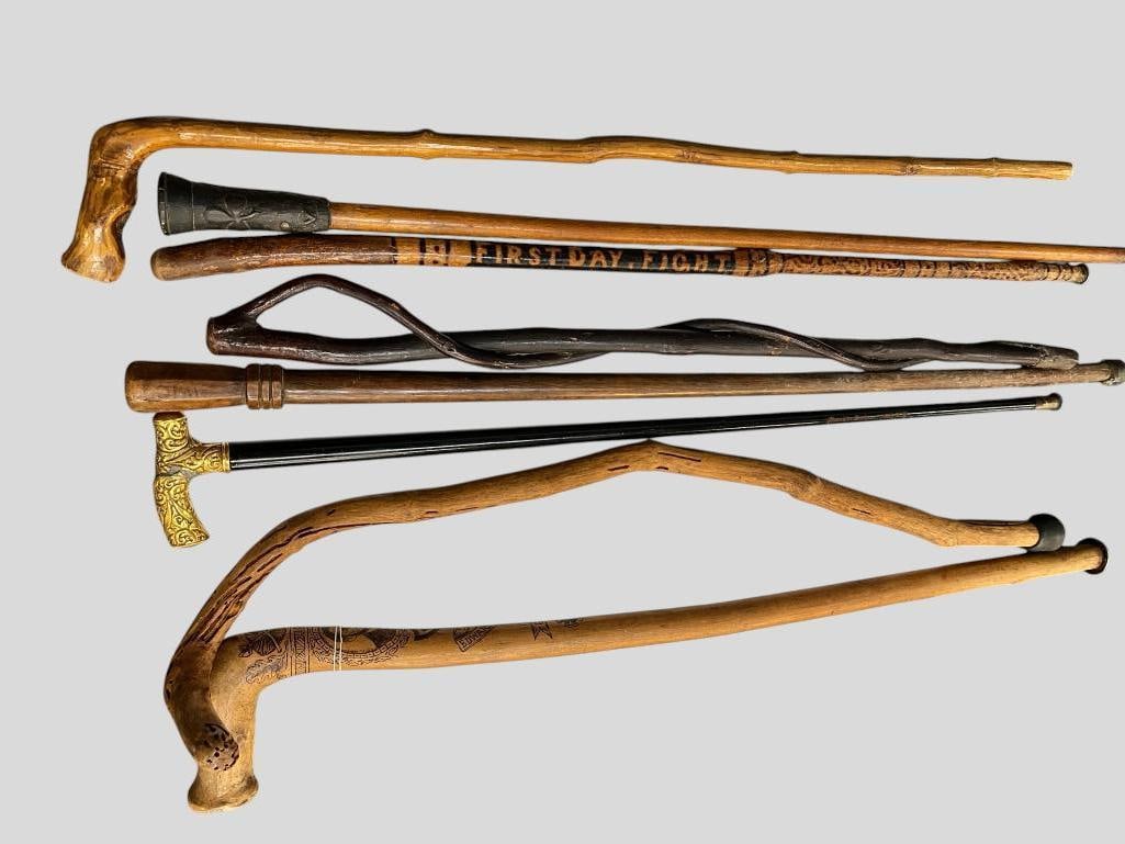 8 Walking Sticks: 8 Walking Sticks. Some named. Uriah Brown H Co. SC 14th Infantry. WIC 110 NYV, 116 PA, First Day Fight, Lt. Edward Mashley GAR and more. Largest approx. 35 inches.