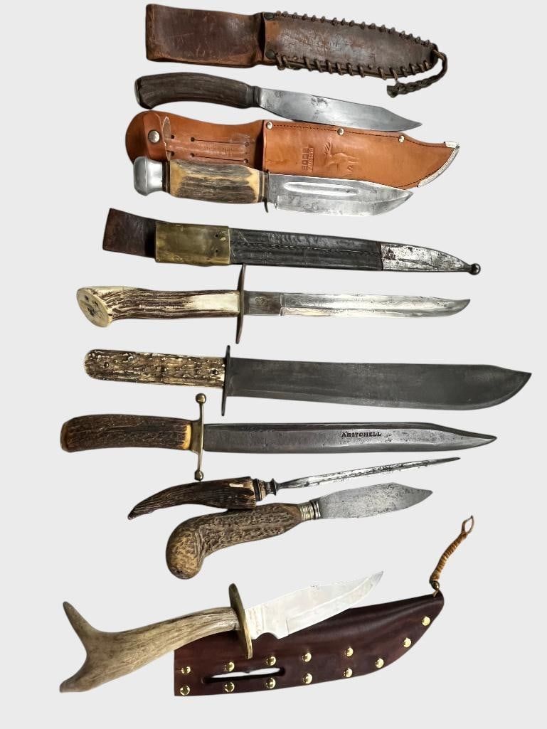 8 Antler Handle Knives: 8 Antler Handle Knives. Some marked. A Mitchell, Charles Barber & Co. Cutlers Sheffield, John Newton & Co, PIC Germany and more. Largest approx. 19 inches.