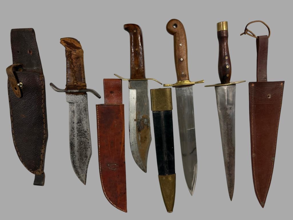 4 Large Knives: 4 Large Knives. Some marked AMES Mfg Co. Cabotville 1849, U.S. WR on reverse and one marked C.S.A. Ames approx. 19 inches in scabbard.