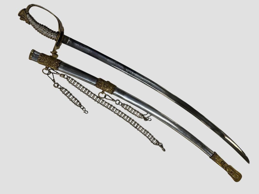 Fancy U.S. marked curved blade sword: Fancy U.S. marked curved blade sword / sabre. U.S. marked on blade. P.D.L. mark by hilt. Overall approx. 41.5 inches in scabbard.