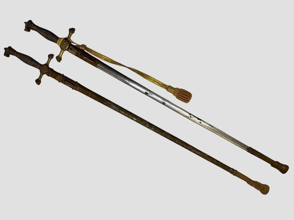 2 Cadet style swords: 2 Cadet style swords. One etched with U.S. on the blade, marked WM. C. Rowland Phila PA. Approx. 38.5 inches long.