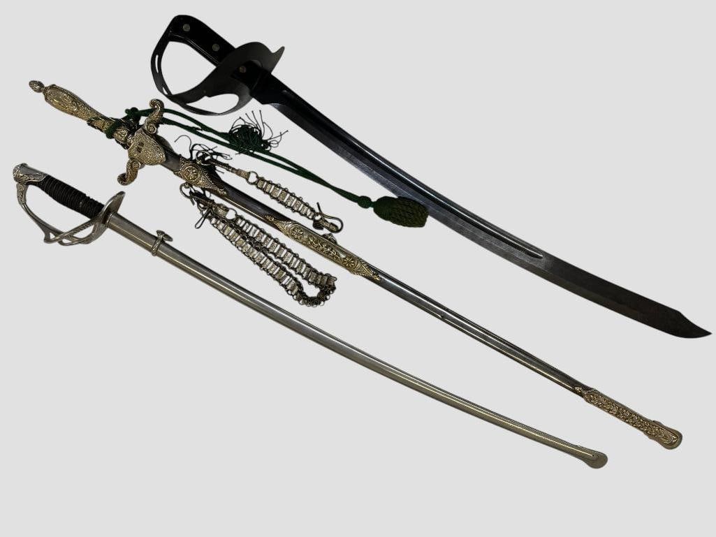 3 decorative swords: 3 decorative swords. One marked H. Faurel.Largest approx. 36 inches in scabbard.