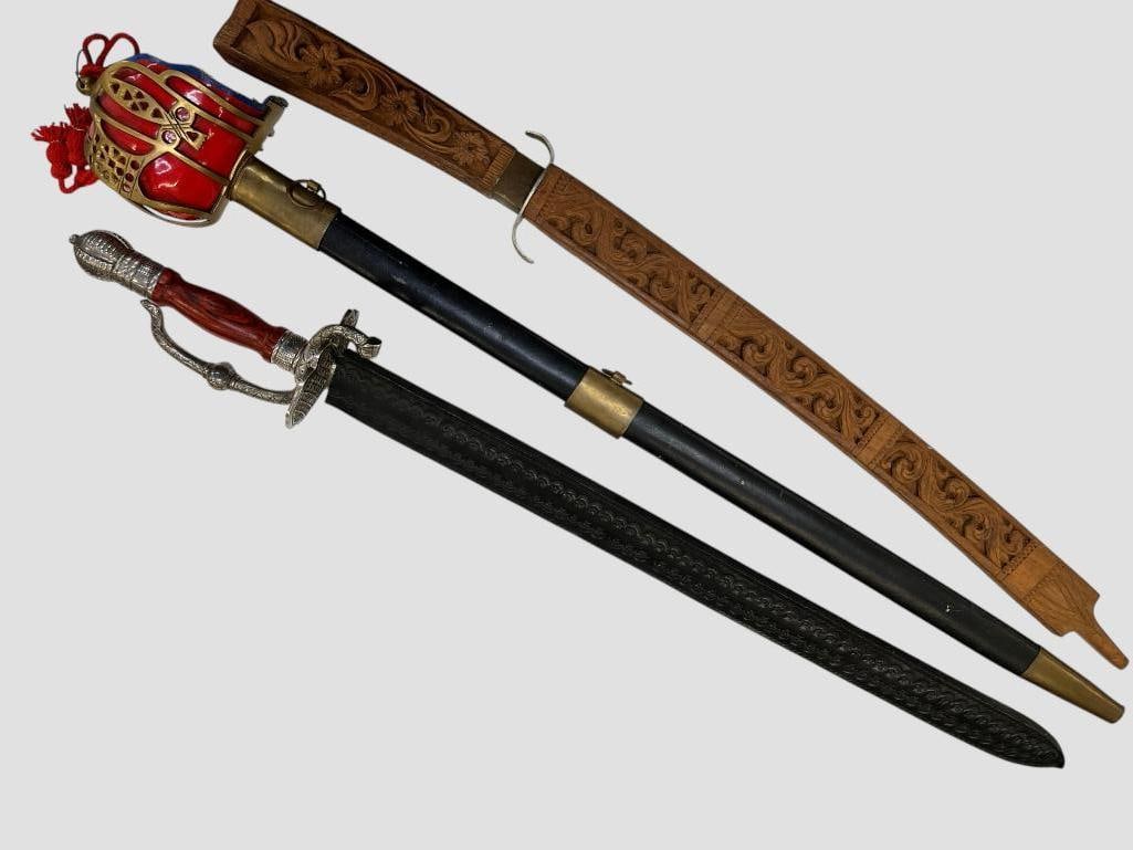 3 Swords: 3 Swords. Including Thai Dha, Scottish basket hilt and decorative sword. Scottish in scabbard approx. 42 inches long.