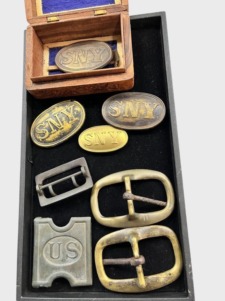 Belt plates, buckles and more: Belt plates, buckles and more. 9 pieces. Some marked SNY, U.S.