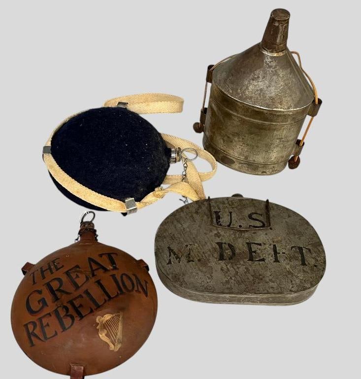 4 Canteens: 4 Canteens. One marked The Great Rebellion 1861-1865. Approx. 10 x 8 x 3 inches.