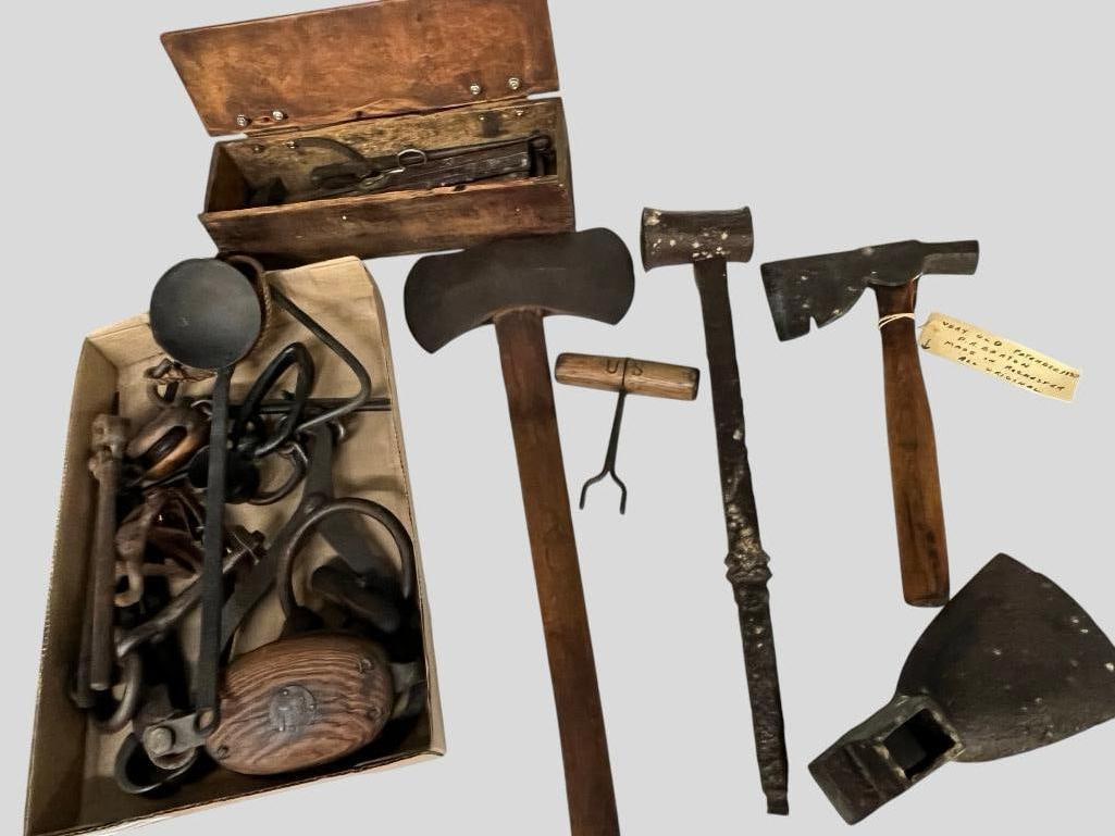 Axes, Pulleys, tools etc.: Axes, Pulleys, tools etc. One ax marked Rochester NY Patented 1832.