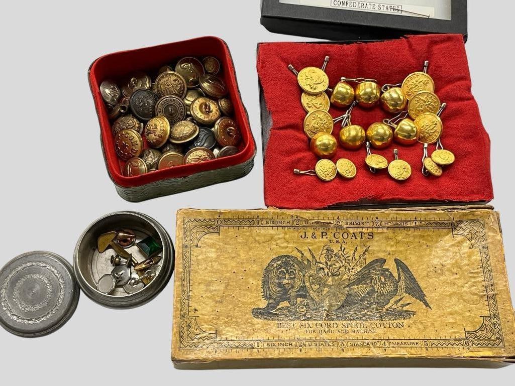 Military Buttons, J & P Coats box, etc.: Military Buttons, J & P Coats box, etc.