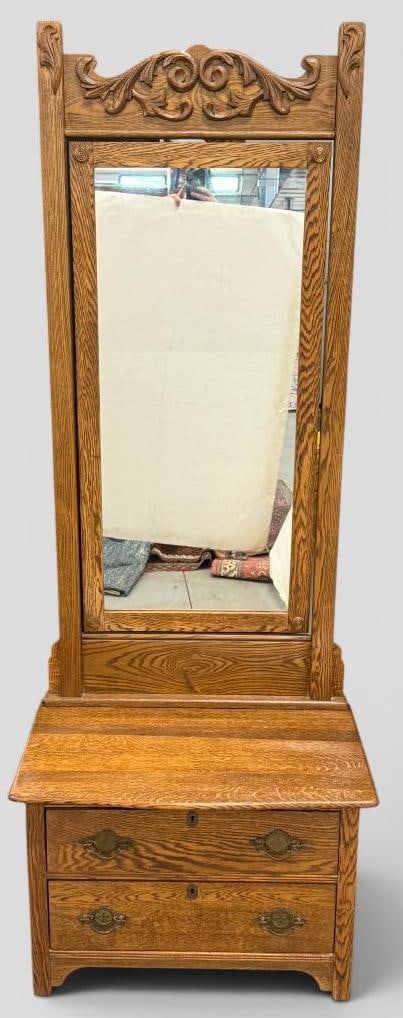 Oak Dresser with Mirror: Oak 2 drawer Dresser with Mirror. Approx. 79 x 30 x 18 inches..