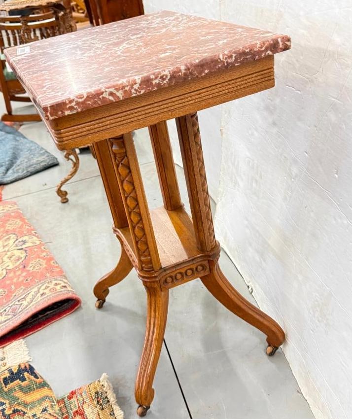 Oak side table with Marble Top - 5