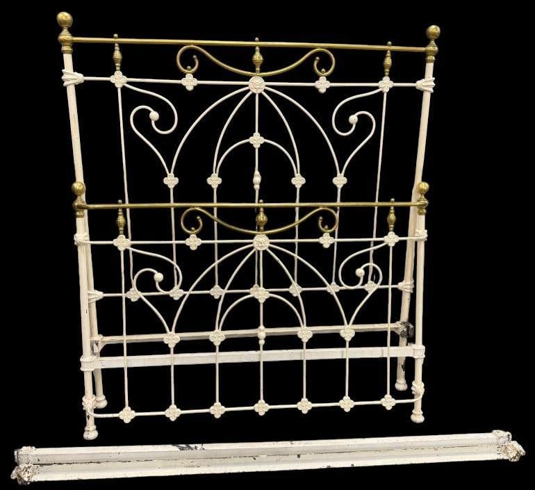 White Iron Bed with Brass Accents: White Iron Bed with Brass Accents. Headboard approx. 61 x 54 inches.