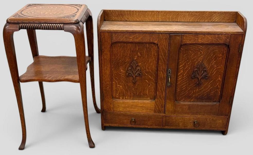 Oak Medicine Cabinet and Side Table: Oak Medicine Cabinet and Side Table. 2 pieces. Cabinet approx. 29 x 28 x 8 inches. Table approx. 29 x 14.5 x 14.5 inches.