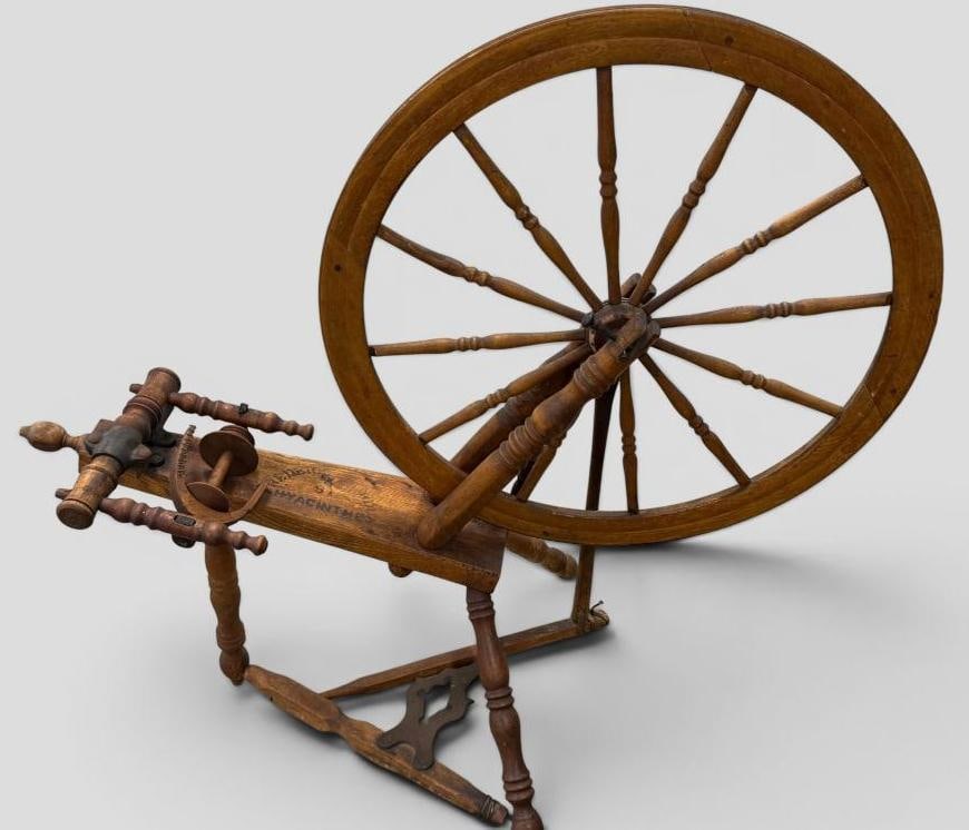 Oak Spinning Wheel: Oak Spinning Wheel, marked Frederic Bordua, St. Hyacinthe. Approx. 45 x 43 x 24 inches.