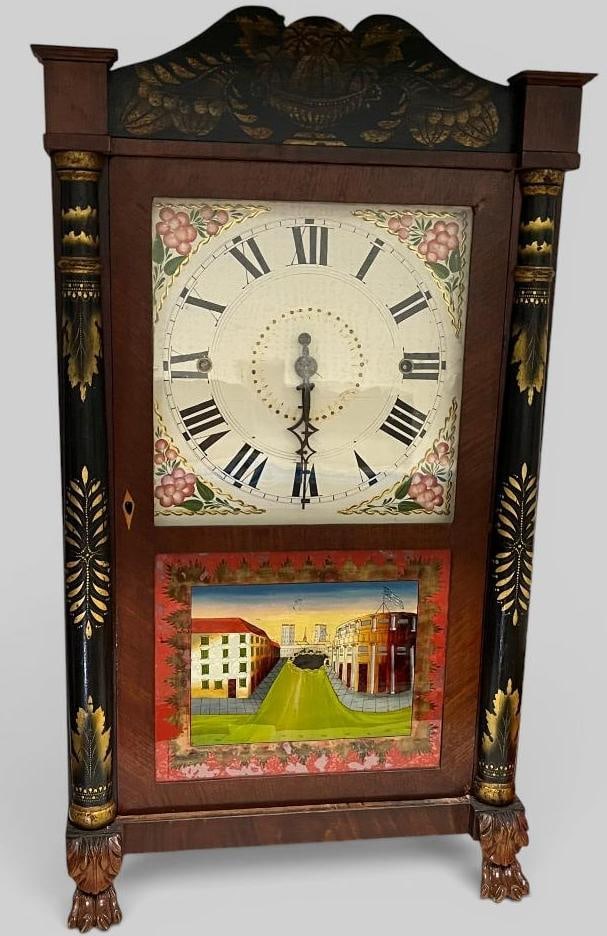 Splat and Column Shelf Clock: Splat and Column Shelf Clock. Hand painted with reverse painted glass panel. Approx. 27.5 x 15 x 6 inches.