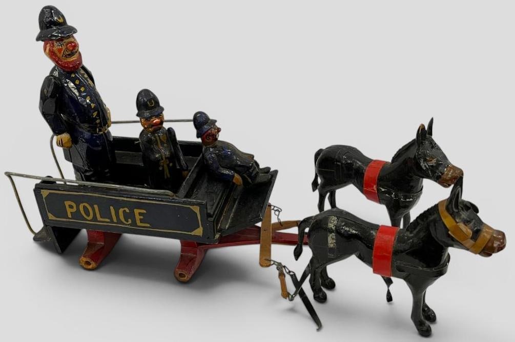 Antique Wood Police Wagon and Figures: Antique Wood Police Wagon toy and Figures. No wheels. Approx. 16 x 5 x 5 inches.