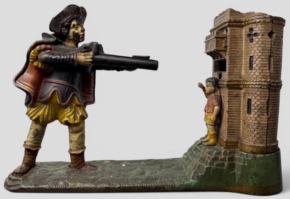 William Tell Mechanical Bank: Antique William Tell Mechanical Bank. Approx. 10.5 x 7 x 3.5 inches.