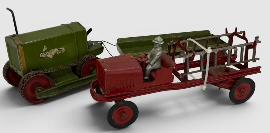 Kingsbury Little Jim Tractor and more: Kingsbury Little Jim Wind Up Tractor and wind up pressed steel fire truck. 2 pieces.