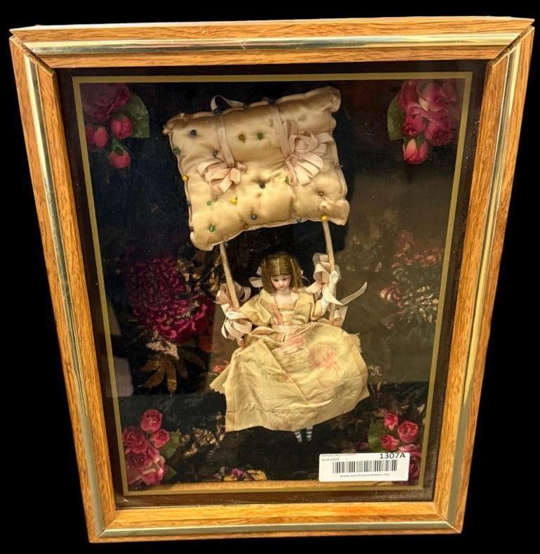 Simon Halbig small porcelain doll: Simon Halbig small porcelain doll, framed in shadow box. Approx. 14.5 x 11.5 x 3 inches.