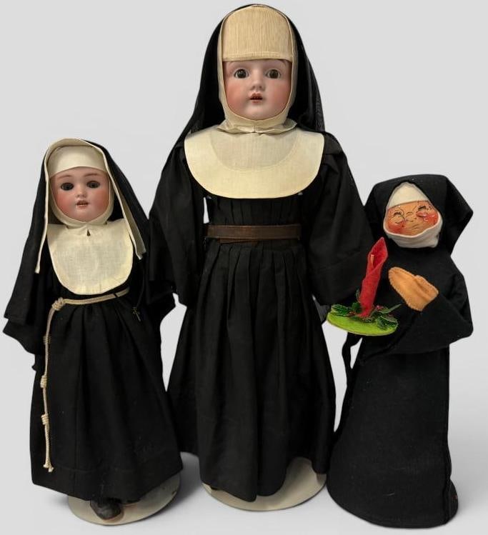 3 Nun Dolls: 3 Nun Dolls. Cloth Doll by Annalee. Smaller Nun by Simon Halbig. Tallest approx. 23 inches.