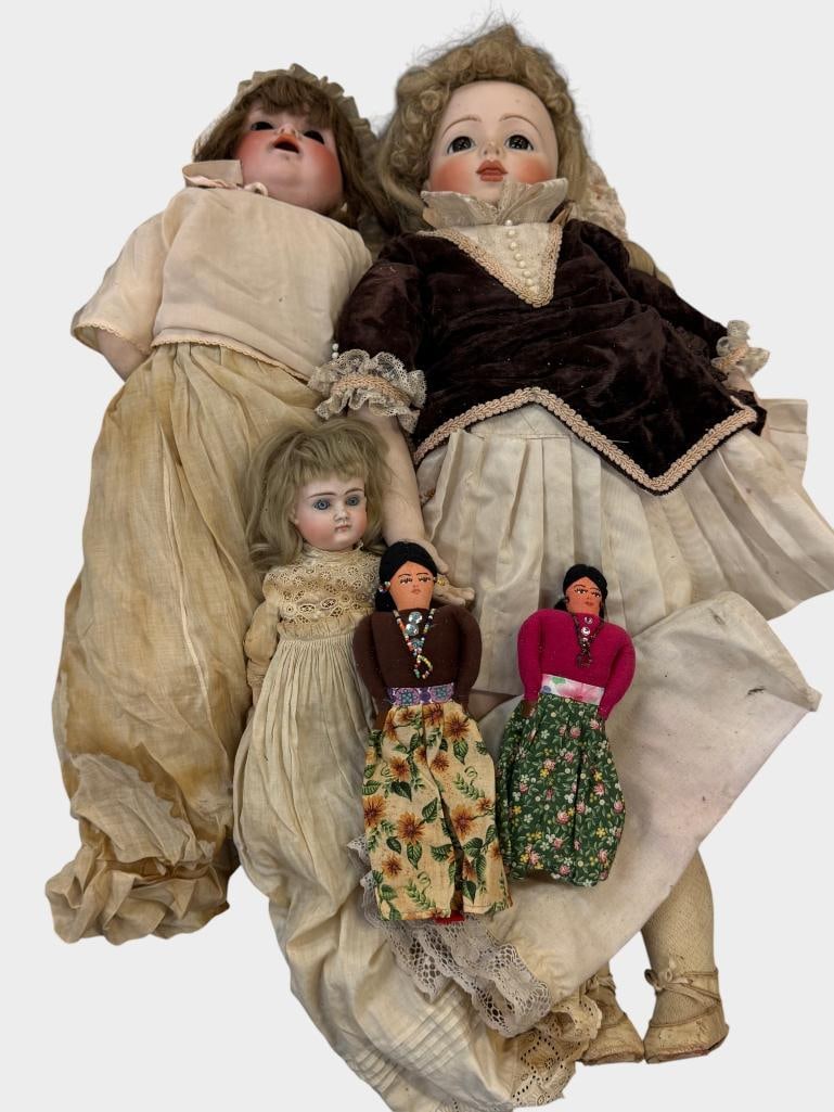 Porcelain Dolls and more: Porcelain Dolls and more. 5 pieces. Largest approx. 28 inches.