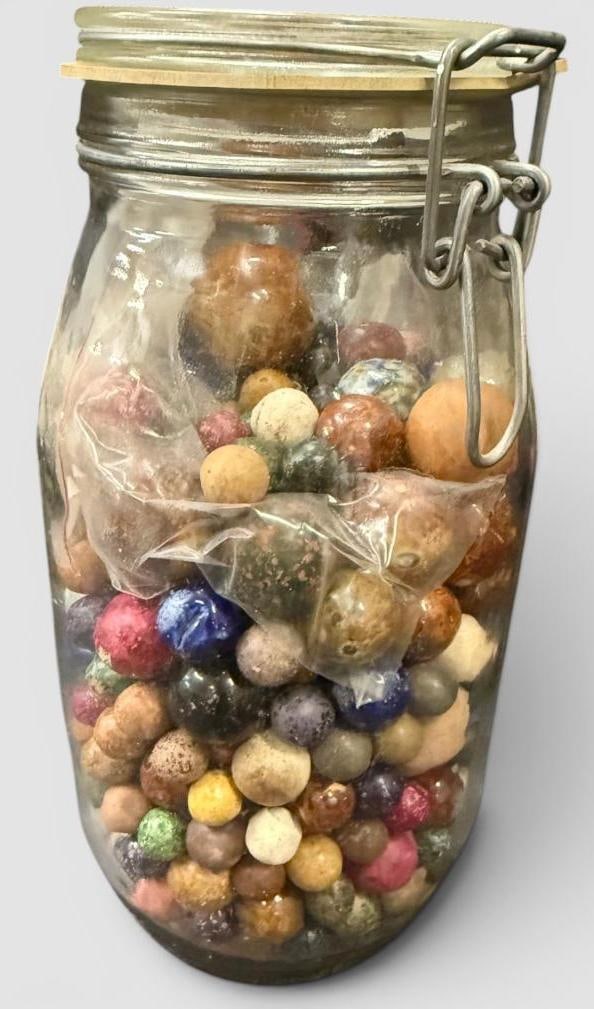 Jar of Antique Clay and Bennington Marbles: Jar of Antique Clay and Bennington Marbles.