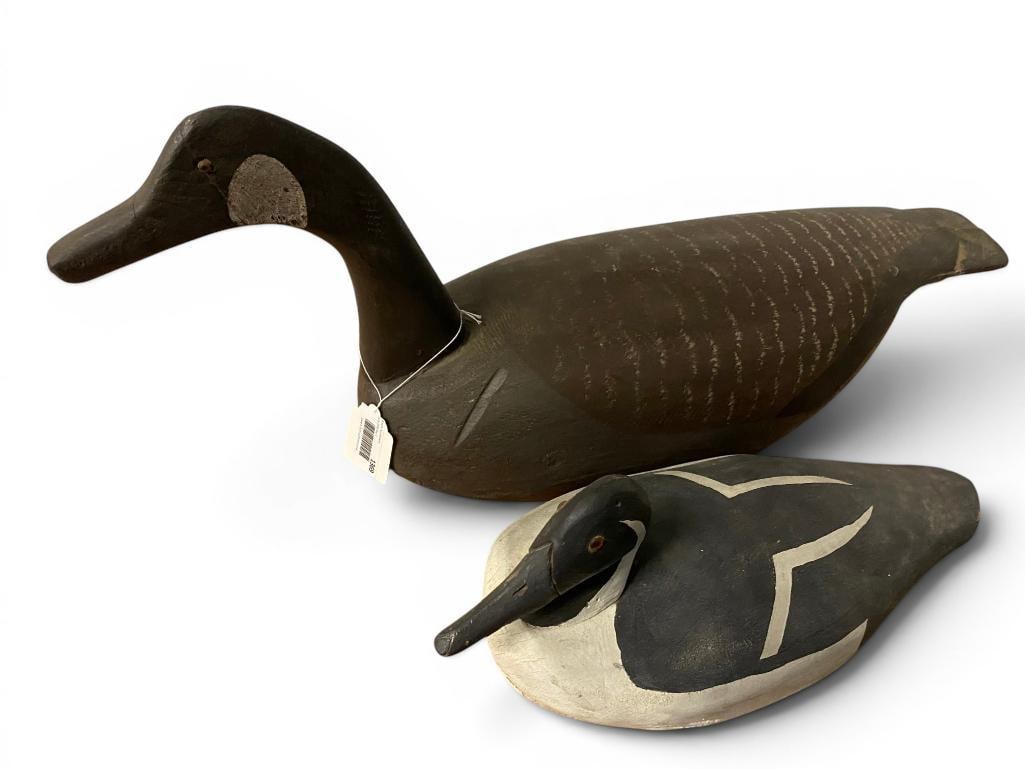 Goose and Duck Decoys: Goose and Duck Decoys. 2 pieces. Goose approx. 30 x 12 x 10 inches.