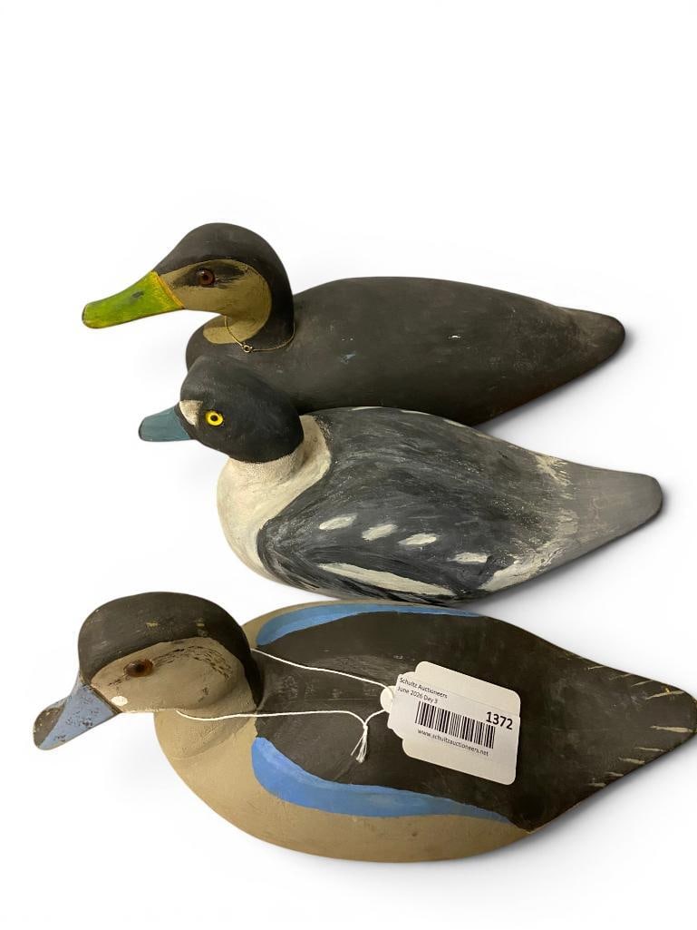 3 Duck Decoys: 3 Duck Decoys. 2 signed by Edward Czarnecki, Bavagnet Bay. Largest approx. 17 x 7 x 6 inches.