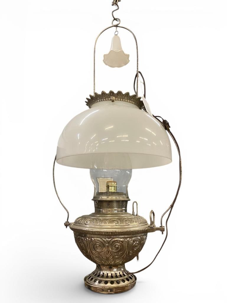 Antique Hanging Lamp: Antique Hanging Lamp. Approx. 34 x 16 x 16 inches.