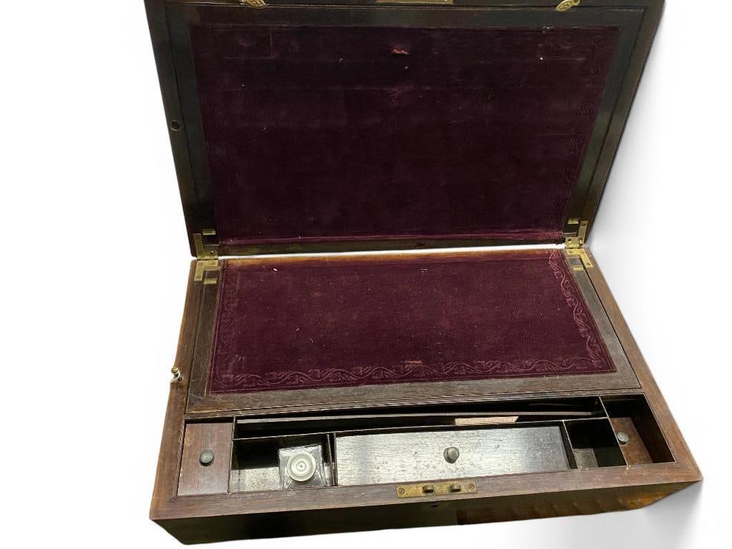 Travelling Writing Desk c. 1854: Travelling Writing Desk presented to Charles Morrill 1854. Closed approx. 20 x 12 x 8 inches.