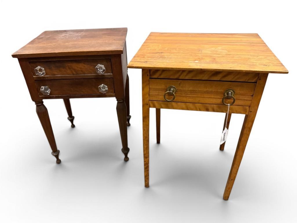 2 Antique Side Tables: 2 Antique Side Tables. One drawer approx. 29 x 22 x 21 inches, Two drawer approx. 28.5 x 20.5 x 18 inches.