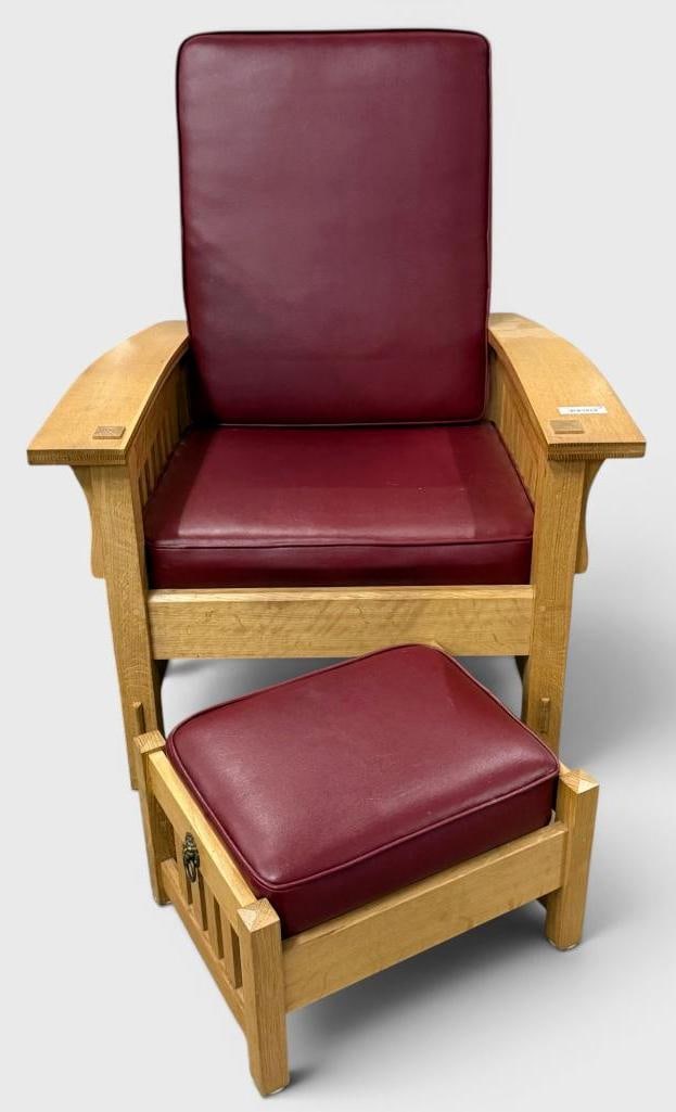 Oak Morris Chair: Oak Morris Chair and footstool, custom crafted by Emerson Barnes. Approx. 43 x 36 x 34 inches.