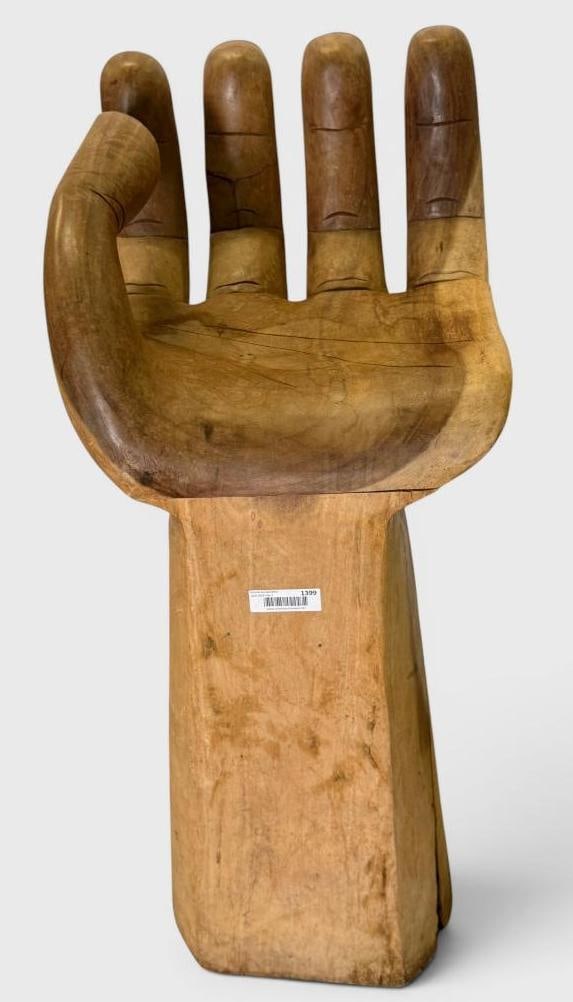 Carved Wood Hand Chair: Carved Wood Hand Chair in the style of Pedro Friedeberg. Approx. 39 x 19 x 17 inches.
