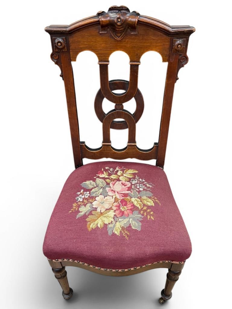 Victorian Walnut Chair with Floral Needlepoint Seat (1 of 6)