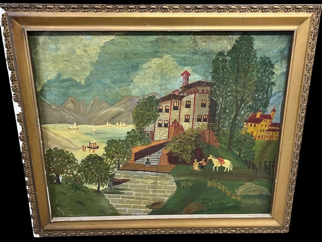 Early Folk Art oil on canvas: Early Folk Art Landscape oil on canvas, dated November 21st 92?. Approx. 34 x 28 inches. Frame approx. 40 x 34 inches.