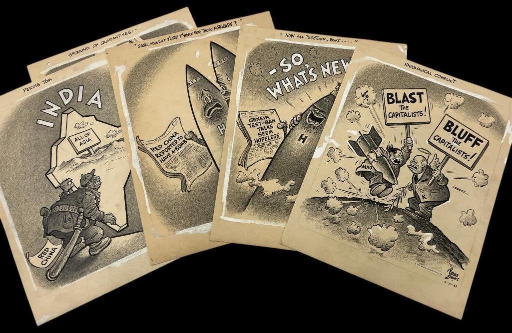 5 Bruce Shanks signed Political Cartoon Drawings: 5 Bruce Shanks signed Political Cartoon Drawings for the Buffalo News. Approx. 17 x 14 inches.