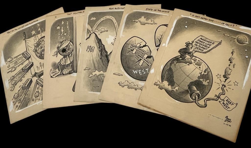 Bruce Shanks signed Political Drawings and more: Bruce Shanks of The Buffalo News signed Political Cartoon Drawings, books and more. 10 pieces. Drawings approx. 17 x 14 inches.