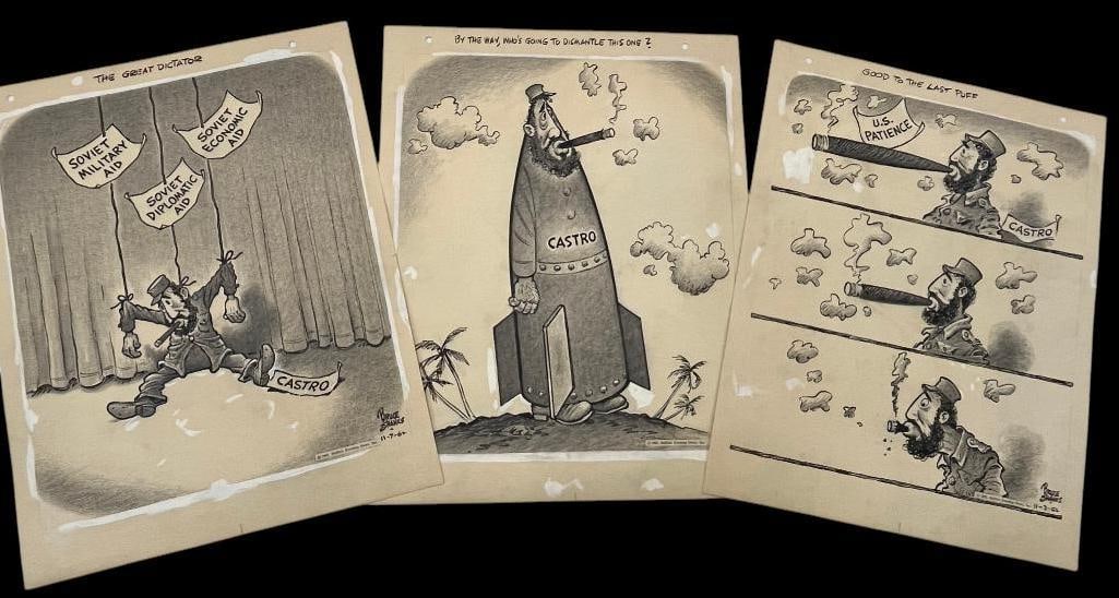 3 Bruce Shanks signed Political Cartoon Drawings: 3 Bruce Shanks signed Political Cartoon Drawings for the Buffalo News. Approx. 17 x 14 inches.