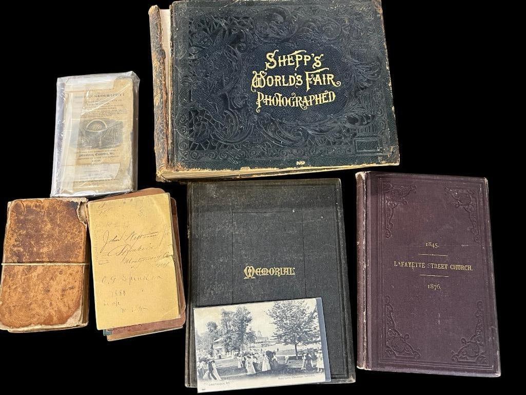6 Antique Books: 6 Antique Books. Including Dr. William Francis Sheehan Memorial Book from Rochester NY 1886, 1845-1876 Lafayette Street Church book, Practical System of Modern Geography 1834, Shepp's World's Fair