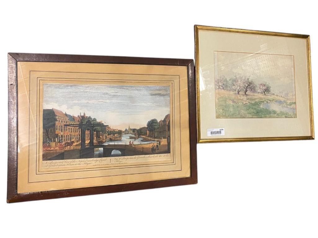 May Hill Chittenden signed watercolor etc.: May Hill Chittenden signed watercolor c.1911 and drawbridge near the Hague print. Watercolor approx. 13 x 9.5 inches. Frame approx. 19.5 x 16.5 inches.