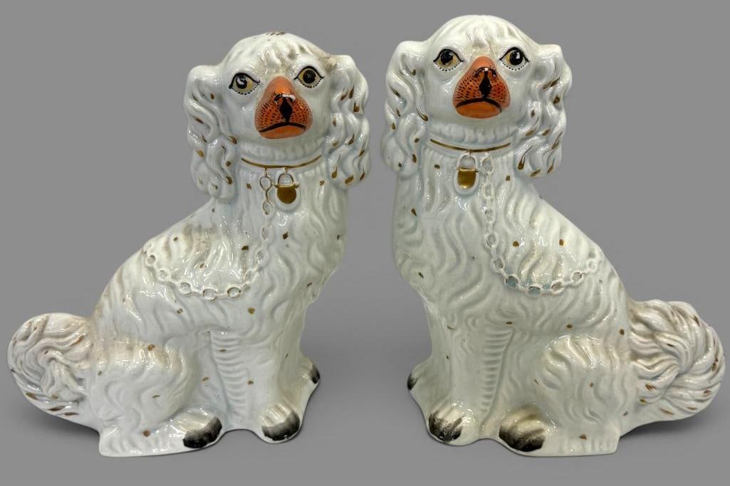 Antique Staffordshire Spaniels: 2 Antique Staffordshire Spaniels. Approx. 12 x 12 x 4 inches.